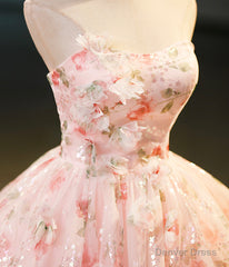 Beautiful Strapless Tulle Flower Long Pink Ball Gown