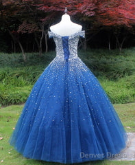 Beautiful Sweetheart Tulle Blue Beaded Formal Dress, Blue Sweet 16 Gown