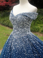 Beautiful Sweetheart Tulle Blue Beaded Formal Dress, Blue Sweet 16 Gown