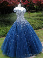 Beautiful Sweetheart Tulle Blue Beaded Prom Dresses, Blue Sweet 16 Gowns