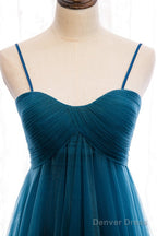 Beautiful Teal Blue Tulle Straps Long High Waist Prom Dress, Blue Evening Party Dresses