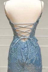 Beautiful Tiffany Blue Spaghetti Straps Tulle Applique Long Prom Dress Sequined Evening Dress with Slits