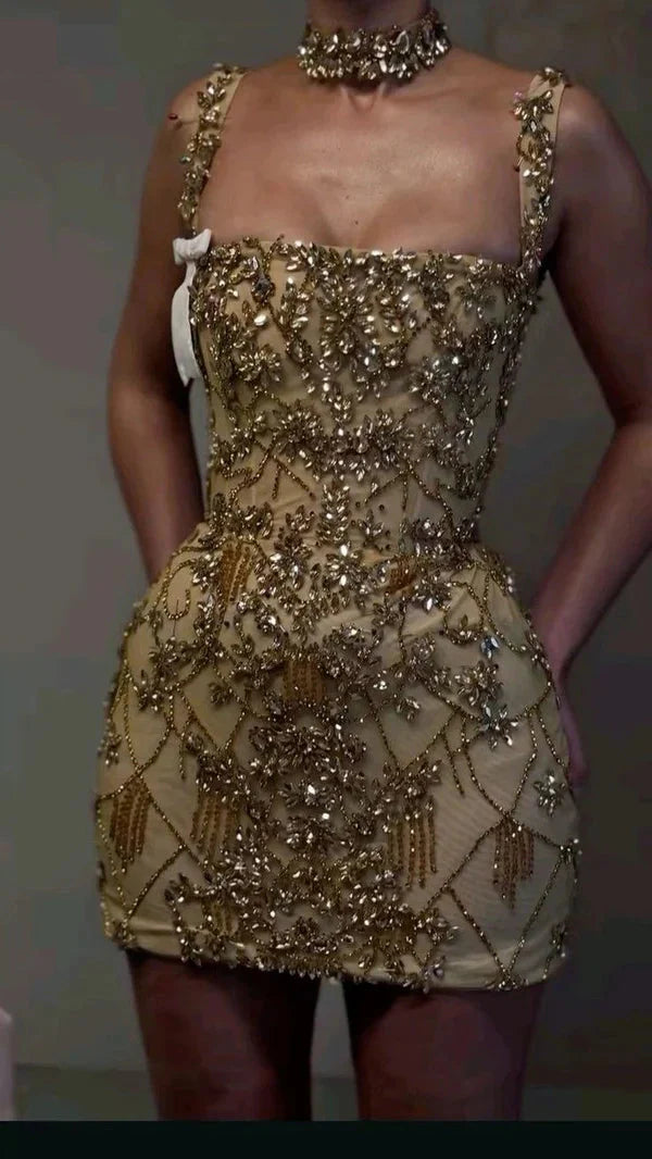 Beautiful Tight Square Neck Sleeveless Gold Short Prom 8Th Grade Homecoming Dress Summer Middle School Hoco Dresses Homecoming Outfit