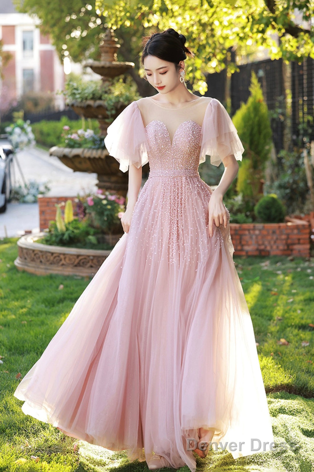 Beautiful Tulle Beaded Long Prom Dress, Pink Evening Dress Party Dress Main image