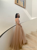 Beautiful Tulle Beaded Long Sleeves Prom Dresses, A-Line Champagne Evening Gown
