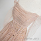 Beautiful Tulle Beaded Long Sleeves Prom Dresses, A-Line Champagne Evening Gown