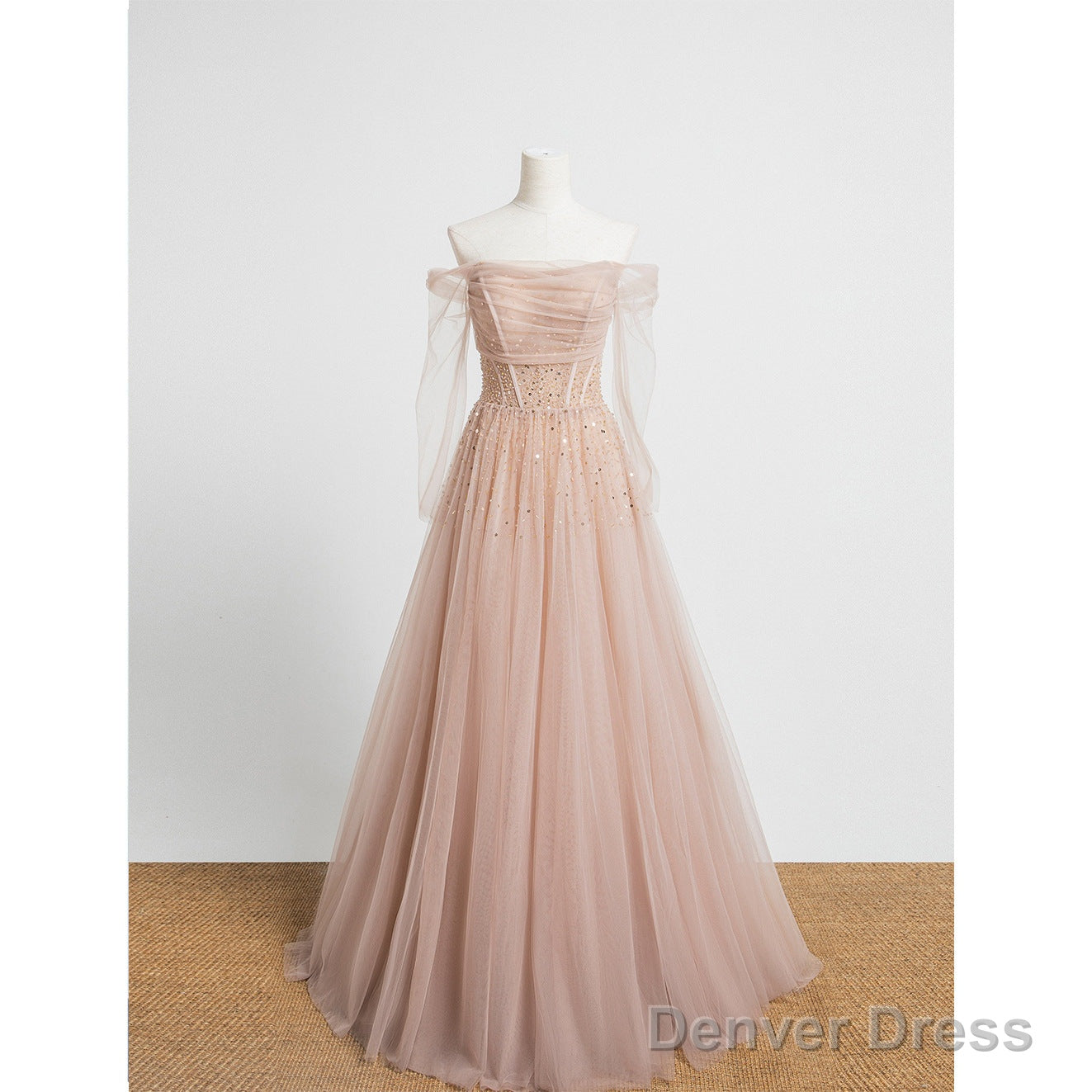 Beautiful Tulle Beaded Long Sleeves Prom Dresses, A-Line Champagne Evening Gown