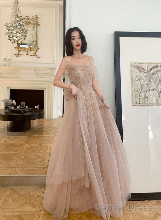 Beautiful Tulle Beaded Long Sleeves Prom Dresses, A-Line Champagne Evening Gown Main image