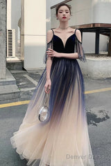 Beautiful Tulle Blue Gradient V-Neckline Straps Prom Dress, A-Line Tulle Formal Dress