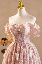 Beautiful Tulle Flower Knee Length Prom Dress, Off the Shoulder Short Sleeve Prom Dresses