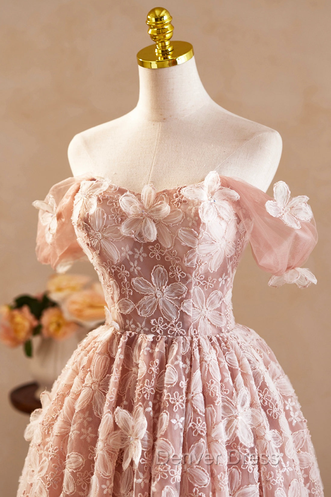 Beautiful Tulle Flower Knee Length Prom Dress, Off the Shoulder Short Sleeve Prom Dresses
