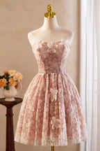 Beautiful Tulle Flower Knee Length Prom Dress, Off the Shoulder Short Sleeve Prom Dresses