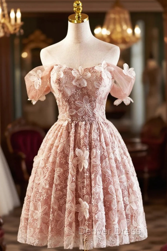 Beautiful Tulle Flower Knee Length Prom Dress, Off the Shoulder Short Sleeve Prom Dresses