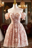 Beautiful Tulle Flower Knee Length Prom Dress, Off the Shoulder Short Sleeve Prom Dresses
