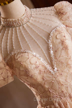 Beautiful Tulle Flower Tea Length Prom Dress, Off the Shoulder Short Sleeve Prom Dresses