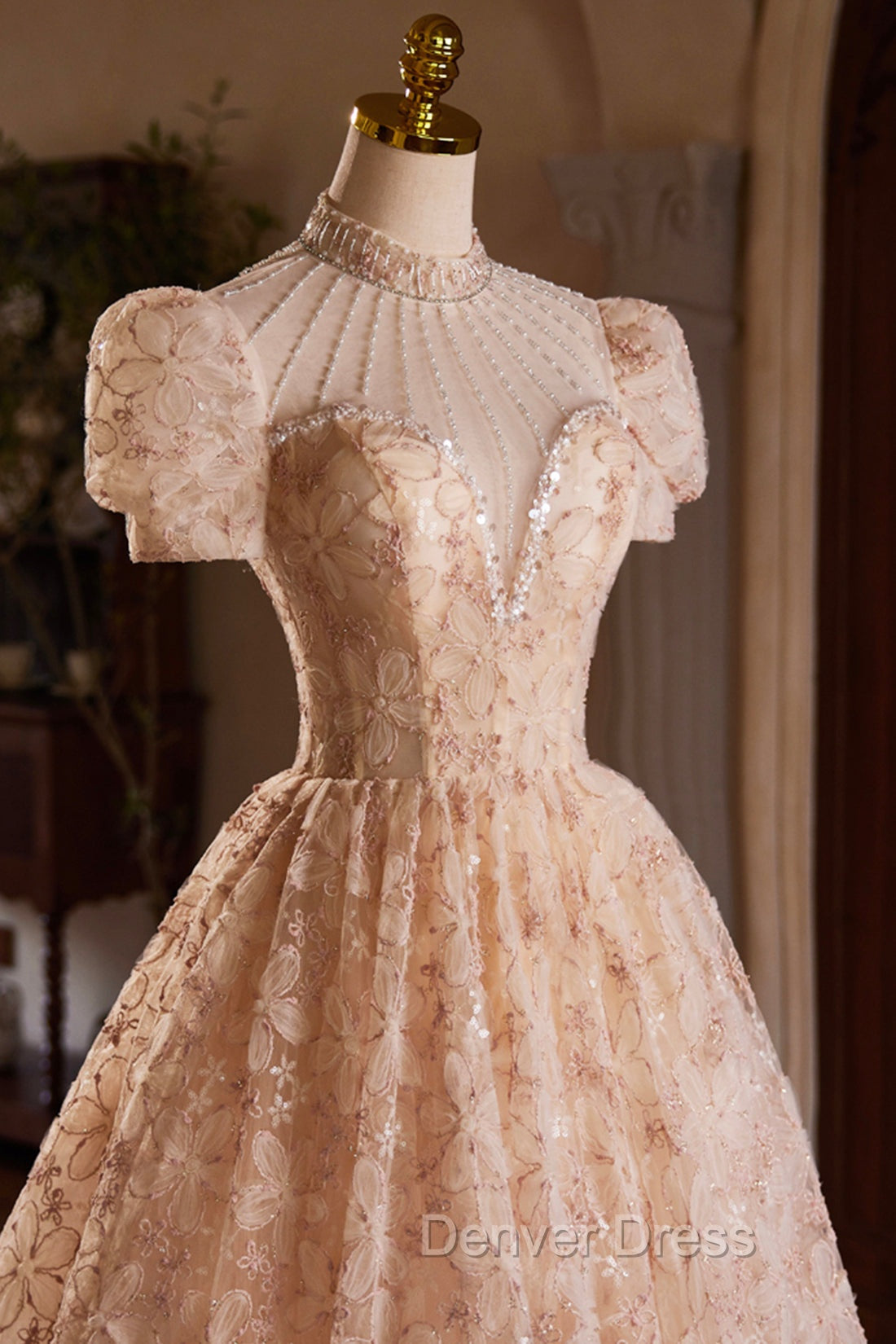 Beautiful Tulle Flower Tea Length Prom Dress, Off the Shoulder Short Sleeve Prom Dresses