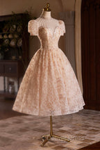 Beautiful Tulle Flower Tea Length Prom Dress, Off the Shoulder Short Sleeve Prom Dresses
