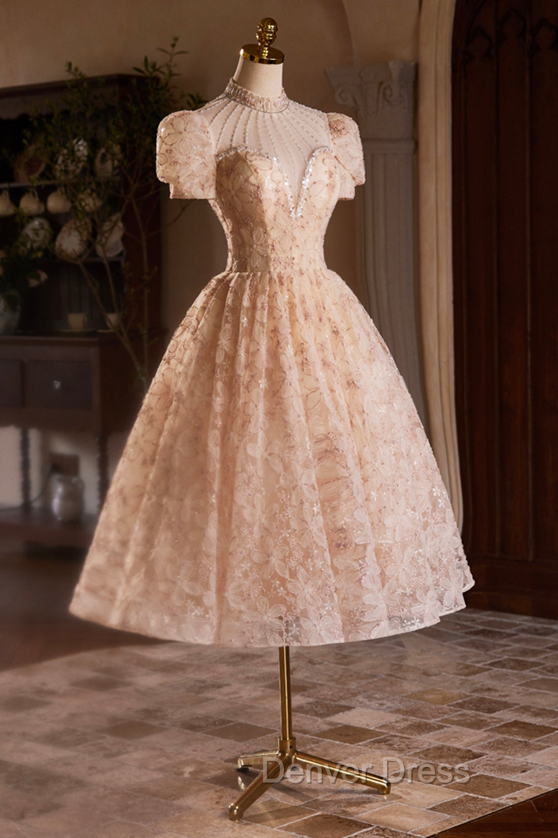 Beautiful Tulle Flower Tea Length Prom Dress, Off the Shoulder Short Sleeve Prom Dresses