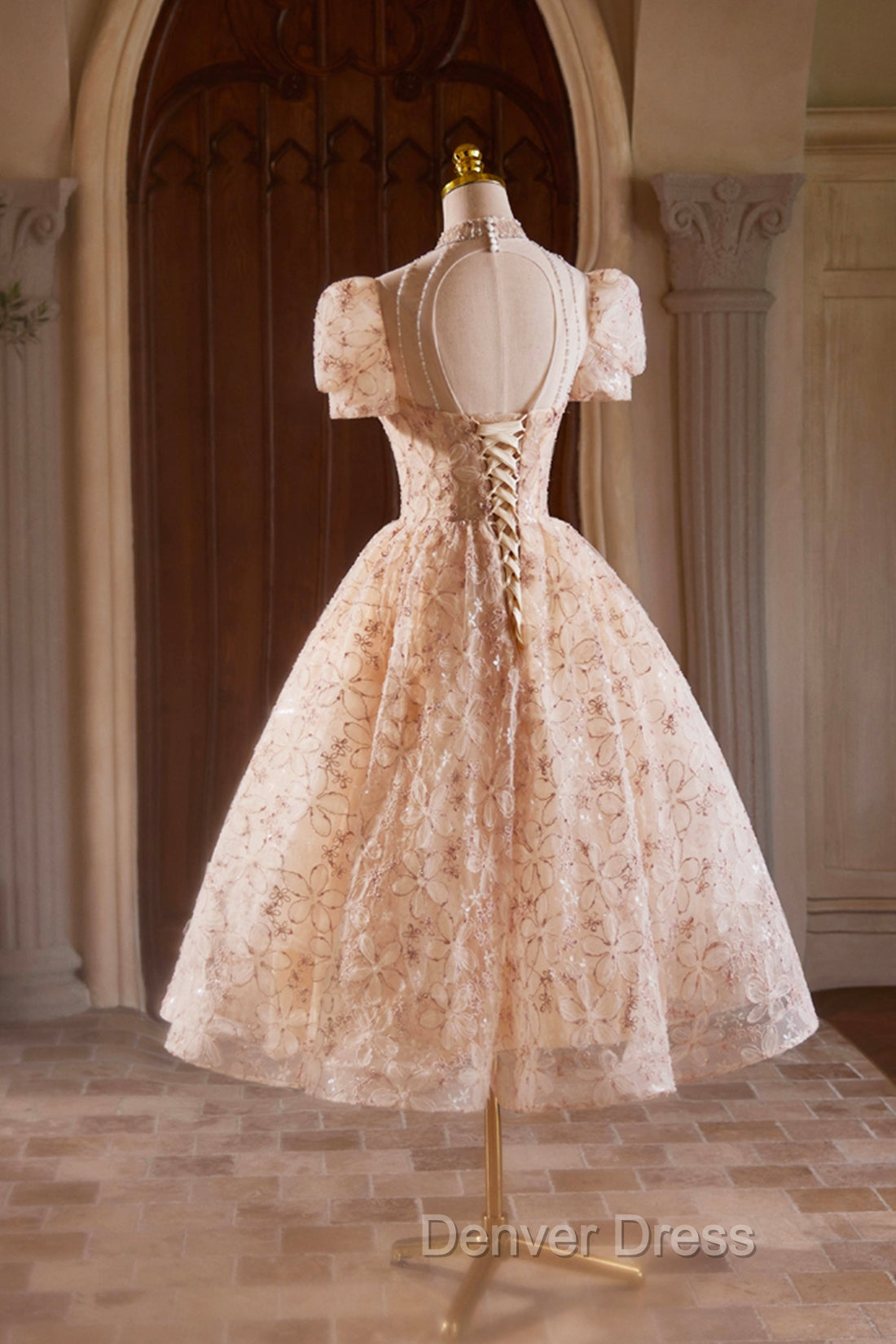 Beautiful Tulle Flower Tea Length Prom Dress, Off the Shoulder Short Sleeve Prom Dresses