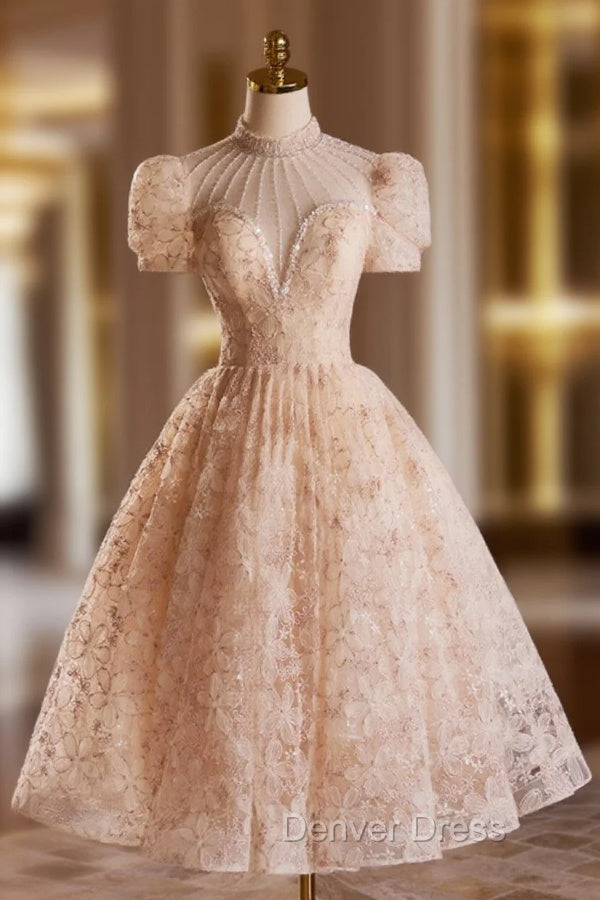Beautiful Tulle Flower Tea Length Prom Dress, Off the Shoulder Short Sleeve Prom Dresses