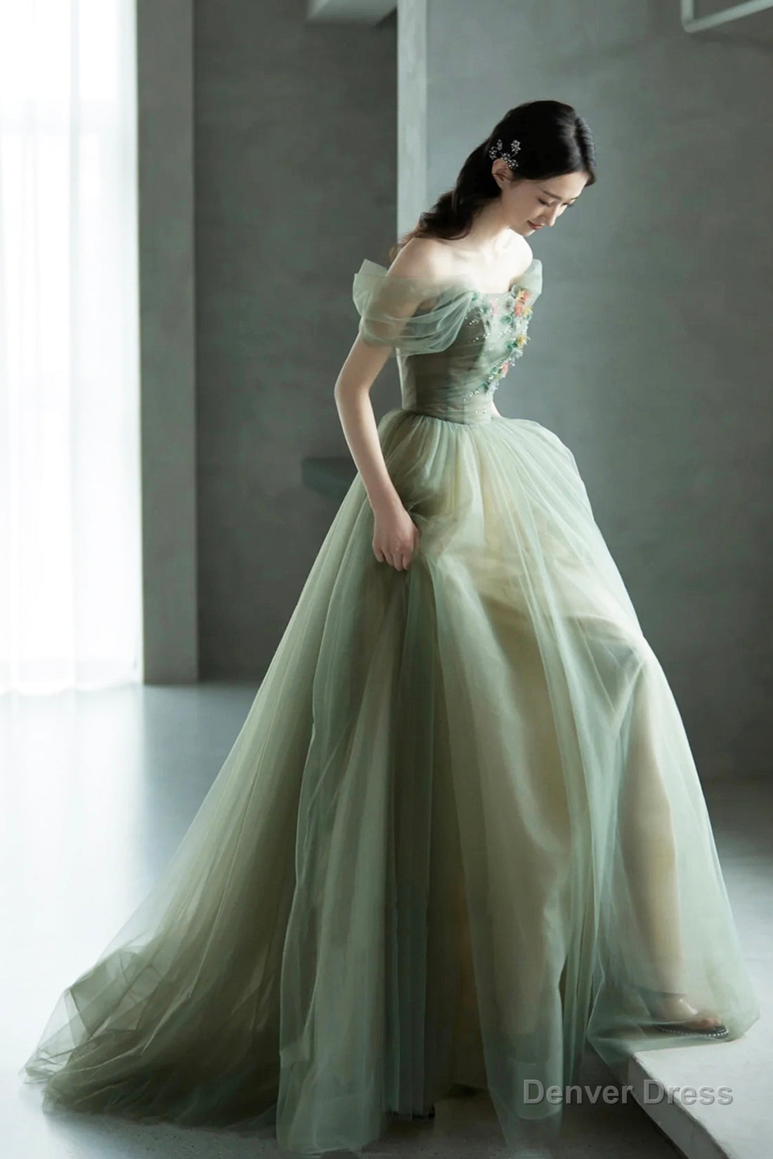 Beautiful Tulle Flowers Long Prom Dress, Green A Line Prom Dresses