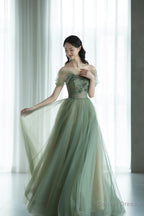 Beautiful Tulle Flowers Long Prom Dress, Green A Line Prom Dresses