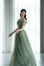 Beautiful Tulle Flowers Long Prom Dress, Green A Line Prom Dresses