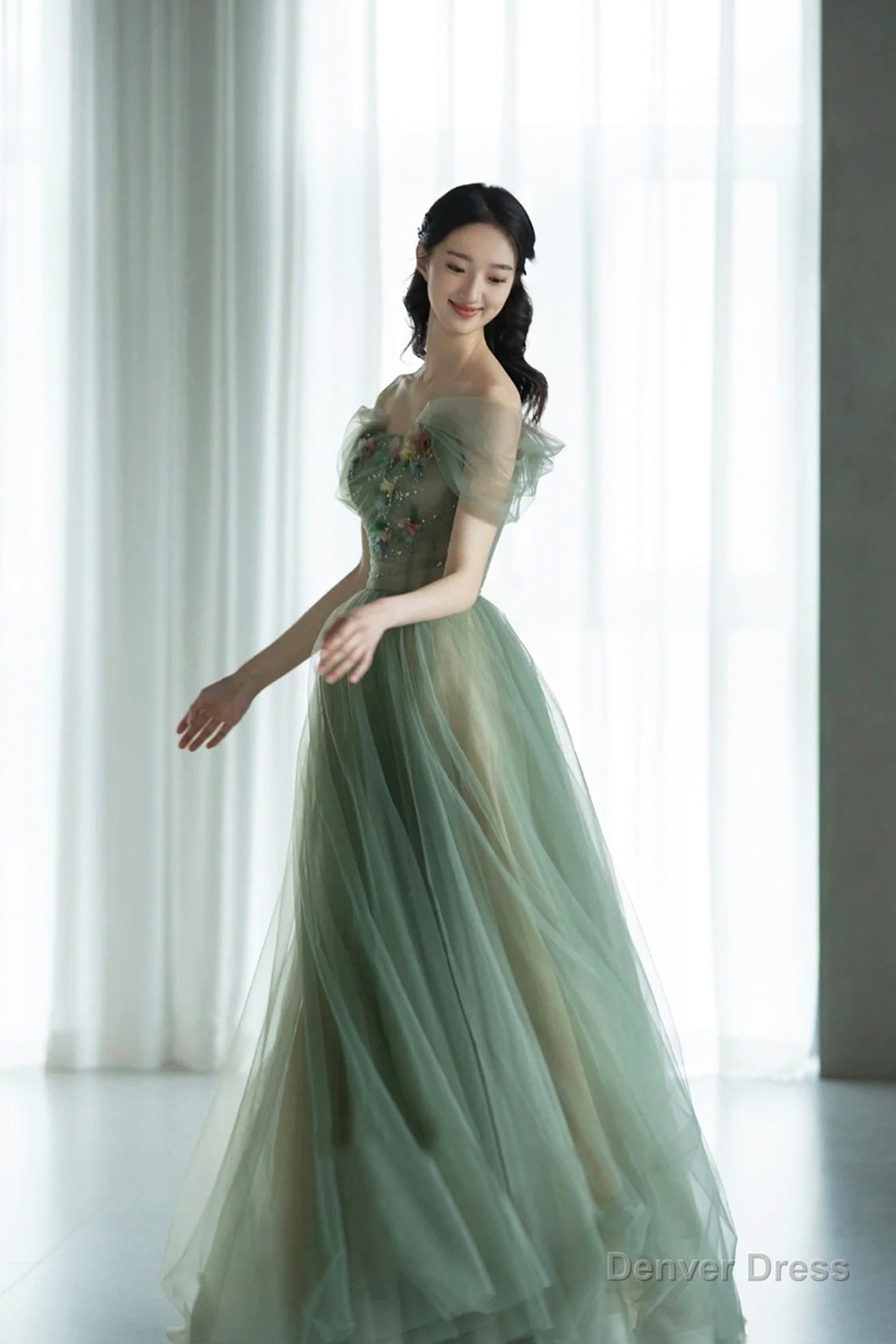 Beautiful Tulle Flowers Long Prom Dress, Green A Line Prom Dresses