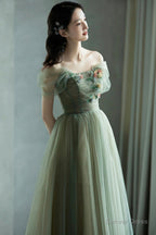 Beautiful Tulle Flowers Long Prom Dress, Green A Line Prom Dresses