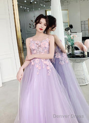 Beautiful Tulle Lavender Straps Prom Dress, A-Line Evening Dress