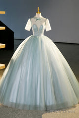 Beautiful Tulle Long A-Line Prom Dress, Gray Green  Formal Dress Sweet 16 Dress
