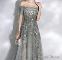 Beautiful Tulle Off Shoulder Prom Dress Lace-Up Evening Dress Gown, Grey Prom Dresses