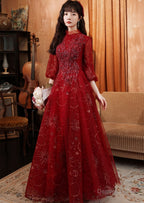 Beautiful Tulle Puffy Sleeves Long Prom Dress, Wine Red Long Prom Dress