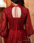 Beautiful Tulle Puffy Sleeves Long Prom Dress, Wine Red Long Prom Dress