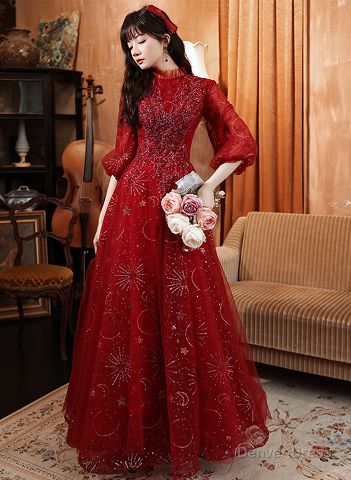 Beautiful Tulle Puffy Sleeves Long Party Dress, Wine Red Long Prom Dress Evening Dress Main image