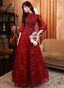 Beautiful Tulle Puffy Sleeves Long Prom Dress, Wine Red Long Prom Dress