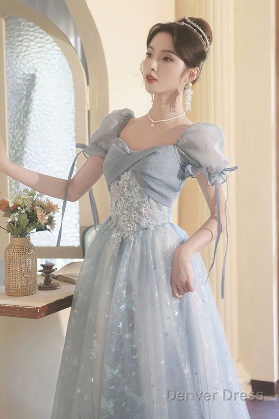 Beautiful Tulle Short Sleeves Formal Dress With Lace, Lovely Blue Long  Prom Dress Secondary image