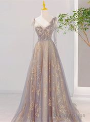 Beautiful V-Neckline Lace-Up Champagne And Grey Long Formal Dress, Tulle Prom Dress