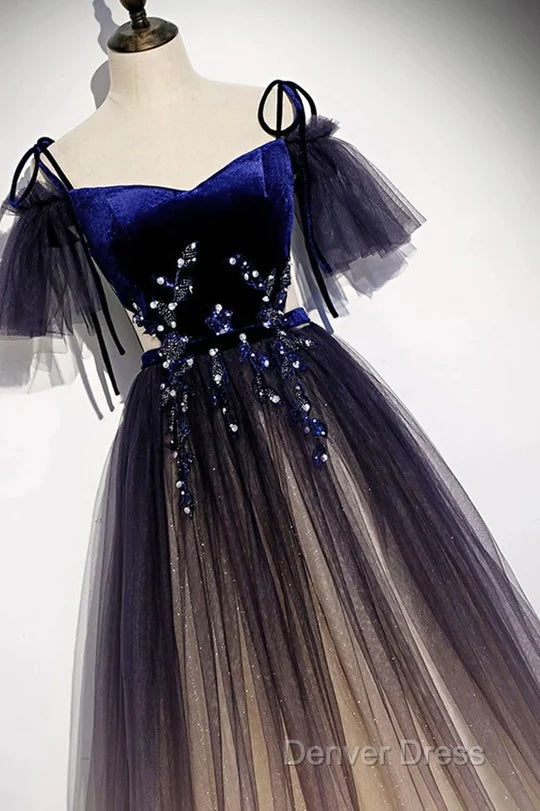 Beautiful Velvet And Gradient Tulle Long Prom Dresses, Straps Long Prom Gowns