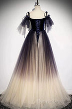 Beautiful Velvet And Gradient Tulle Long Prom Dresses, Straps Long Prom Gowns