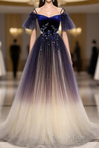 Beautiful Velvet And Gradient Tulle Long Prom Dresses, Straps Long Prom Gowns
