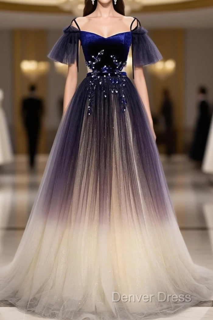 Beautiful Velvet And Gradient Tulle Long Prom Dresses, Straps Long Prom Gowns