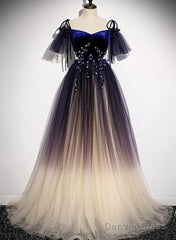 Beautiful Velvet And Gradient Tulle Long Party Dress, Straps Long Evening Gown