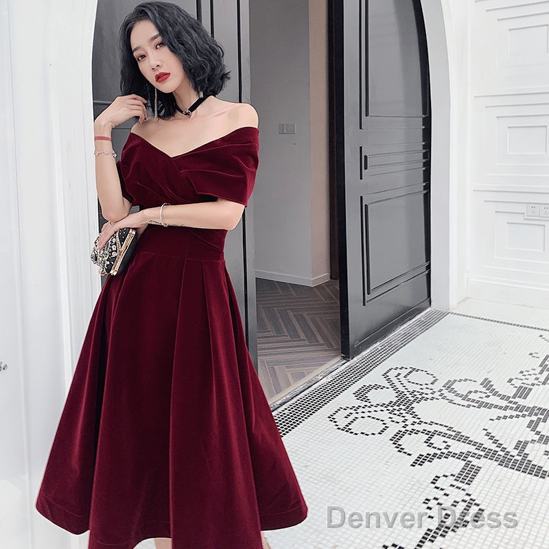 Beautiful Velvet Off Shoulder Black Tea Length Evening Dresses, New Chic Prom Dress Secondary image