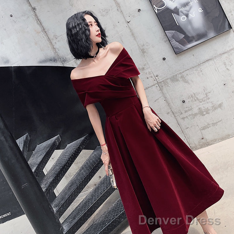 Beautiful Velvet Off Shoulder Black Tea Length Evening Dresses, New Chic Prom Dress