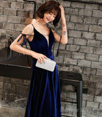 Beautiful Velvet Straps Long V-Neckline Long Prom Dress, Velvet Bridesmaid Dresses