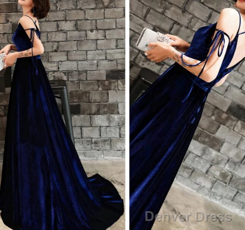Beautiful Velvet Straps Long V-Neckline Long Prom Dress, Velvet Bridesmaid Dresses