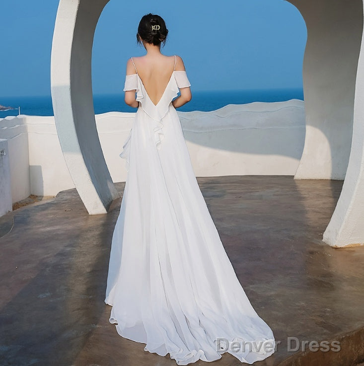 Beautiful White Chiffon Straps Low Back Long Wedding Prom Dress, White Long Prom Dresses Secondary image