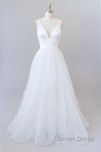 Beautiful White Long A-line V-neck Tulle Backless Wedding Dresses