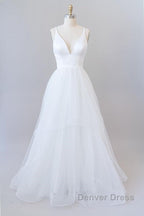 Beautiful White Long A Line V Neck Tulle Backless Wedding Dresses